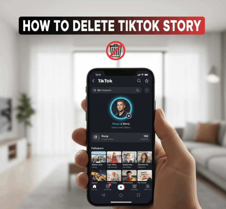 Step-by-step guide showing how to delete TikTok Story by opening profile, accessing story, tapping share arrow, finding delete option in sharing menu, and confirming deletion to permanently remove content.Retry