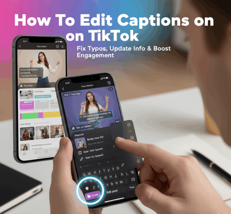 TikTok caption editing guide showing step-by-step process from opening app and recording video to adding text overlays using "Aa" icon with font and color options, editing published posts within 7 days via three-dot menu, using draft method for recent videos, and optional text-to-speech feature with multiple voice options for accessibility.Retry