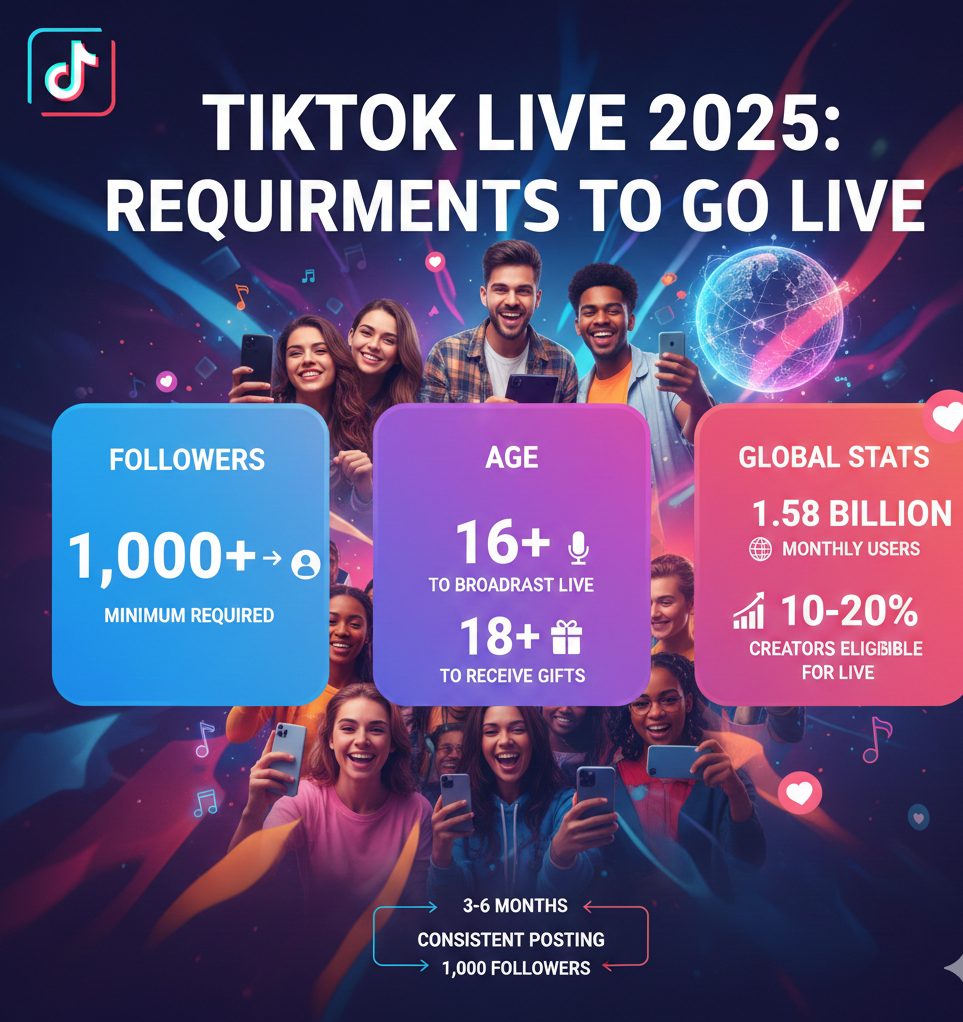 TikTok LIVE requirements 2025 showing 1,000 followers minimum for access with regional variations, 16 years old minimum to broadcast and 18 years old to receive gifts (19 in South Korea), 1.58 billion monthly active users with 70% aged 18-34, estimated 10-20% of creators eligible (158-316 million accounts), nano-influencers with 1,000-10,000 followers achieving 11.97% engagement rates, and reported exceptions at 500-800 followers.