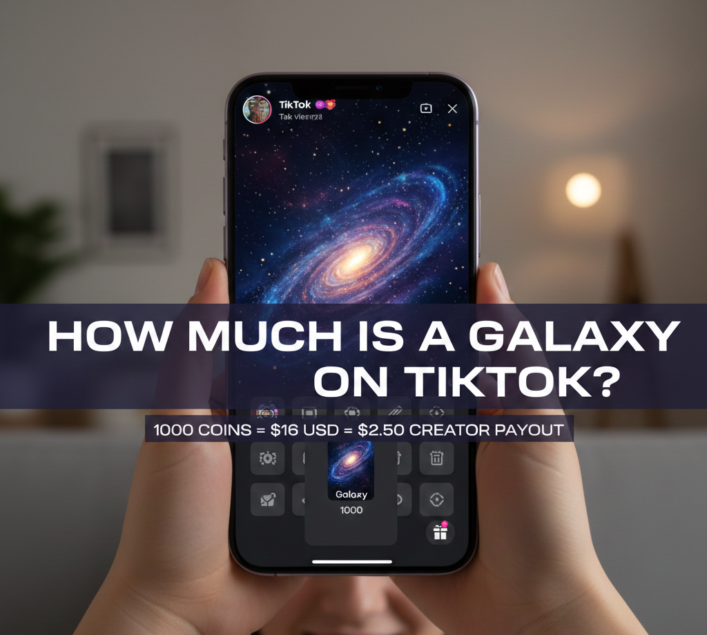 TikTok Galaxy gift icon costing 1,000 coins or approximately $16 USD. Creators receive about $2.50 after TikTok's platform fees.