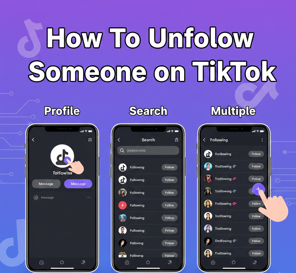 Guide showing how to unfollow someone on TikTok using different methods.