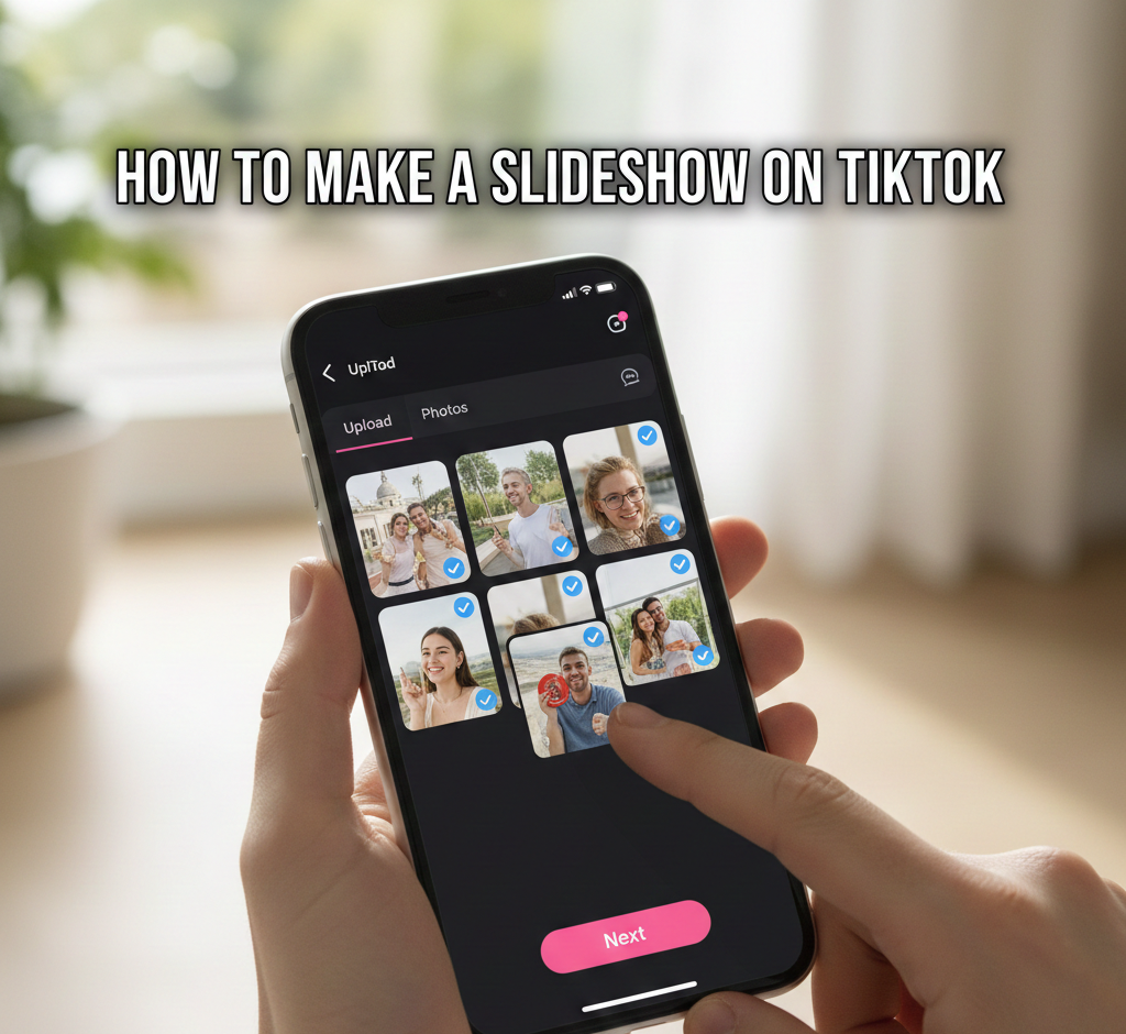 How to make slideshow on TikTok guide showing 6-step process: open TikTok app and tap plus icon, select Upload then Photos, choose up to 35 photos in order (tap circular indicator determines slide sequence), customize with music/filters/stickers/text and text-to-speech voiceovers, add description and privacy settings, tap Post to publish, creates swipeable photo presentation, one audio track applies across entire slideshow, rearrange photos by holding and dragging on editing screen, requires latest TikTok app version, slideshows perform equally well as videos when optimized with clear images/engaging captions/trending sounds, post during peak engagement hours for better reach.