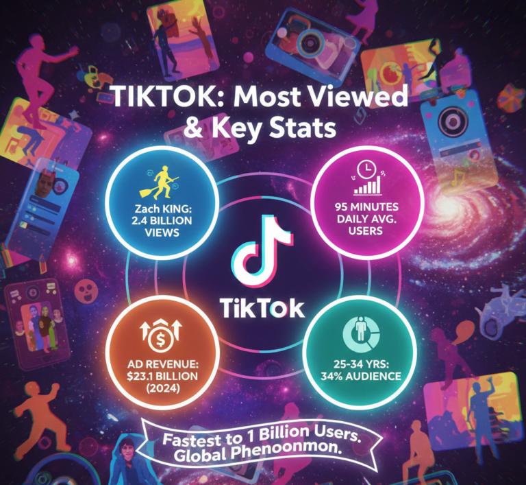 Most viewed TikTok videos 2025 Zach King broomstick illusion 2.4B views top ranking James Charles 1.7B Leah Halton 1.1B Bella Poarch 879M, 1.58 billion monthly active users 95 minutes average daily usage 34 million videos uploaded daily, most followed Khaby Lame 160.8M Charli D'Amelio 156.5M MrBeast 119.4M, users by country US 135.79M Indonesia 107.7M Brazil 91.75M, demographics 25-34 age 34% 18-24 age 30.7%, revenue $23.1B advertising 2024 TikTok Shop $33.4B global $9B US, content categories LearnOnTikTok 858B views entertainment 535B dance 181B pets 88B, 5.48B lifetime downloads 83% users posted content.