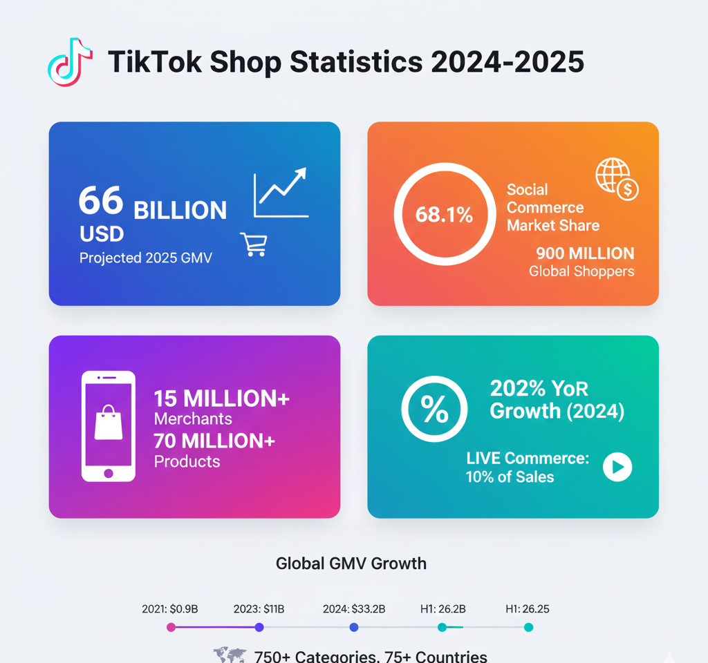 TikTok Shop statistics showing $33.2 billion GMV in 2024, 900 million shoppers, and 68.1% social commerce market share.