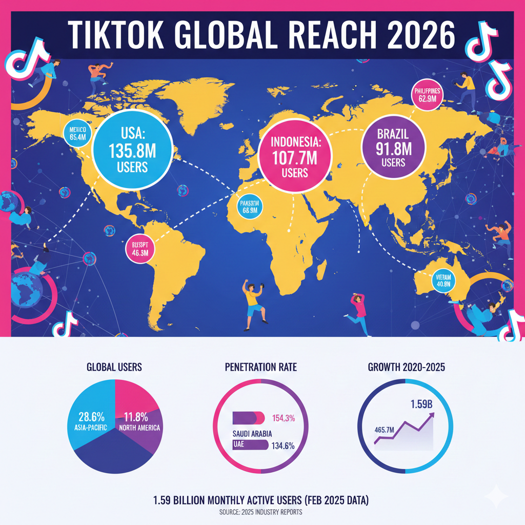 TikTok users by country 2026 showing 1.59 billion global monthly active users, United States leads with 135.79 million (8.5% share), Indonesia 107.7 million (6.8%), Brazil 91.75 million (5.8%), Mexico 85.36 million, Pakistan 66.87 million, Asia-Pacific dominates with 457.6 million users (28.6%), Saudi Arabia highest penetration rate 154.3%, UAE 134.6%, $23 billion revenue 2024, 241% growth from 465.7 million in 2020 to 1.59 billion in 2025, average 58 minutes daily usage, 4.86% engagement rate, 19.4% global population reach, India banned 2020 removing 200 million potential users.