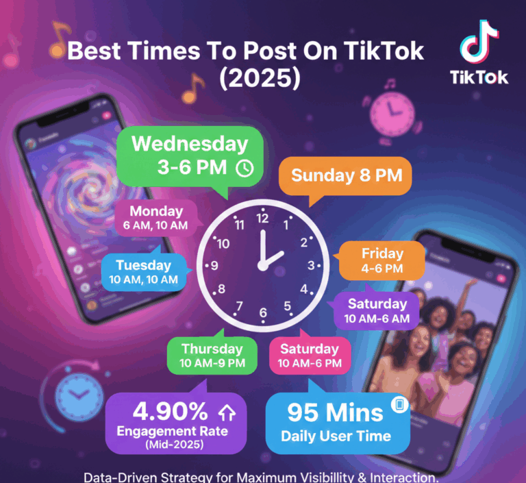 Best times to post on TikTok 2025 showing Sunday 8 PM and Wednesday 3-6 PM as peak engagement windows, 4.90% average engagement rate (12% YoY increase), 1.59 billion MAU with 95 minutes daily usage globally, users opening app 19-20 times daily, 1-4 daily posts recommended for 56% higher engagement, accounts under 100K achieving 7.50% engagement, morning slots 6-9 AM gaining 2-3x higher engagement, and 25-34 age group representing 35% of users.