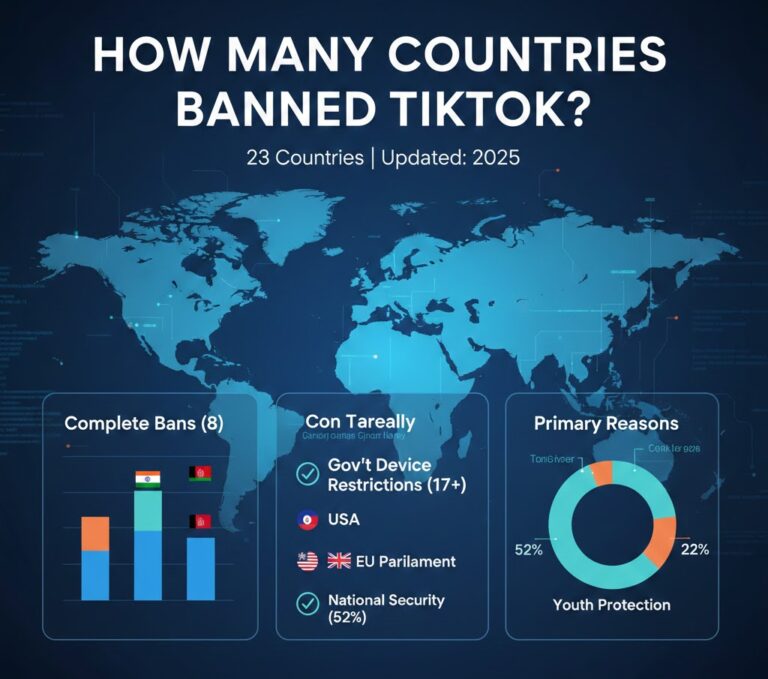 “Chart showing TikTok bans and restrictions by country worldwide, highlighting total banned countries and key timelines.”