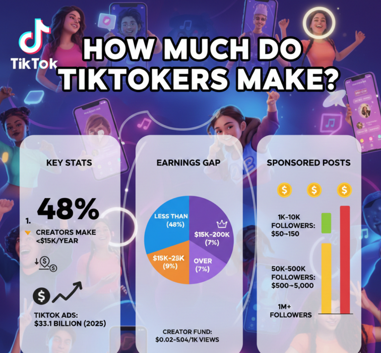 TikTok creator earnings 2025 showing 48% earn under $15,000 annually while only 7% earn $200,000+, platform reached 1.5 billion monthly users with $33.1 billion ad revenue, Creator Fund pays $0.02-0.04 per 1,000 views ($20-40 per million views) while Creative Reward Program pays $0.40-1.00 per 1,000 views ($400-1,000 per million views), sponsored post earnings range from $50-150 for 1,000-10,000 followers to $10,000+ for 1 million+ followers, median income $15,000-25,000 annually, sponsorships generate significantly more revenue than view-based payments, earnings affected by follower count, engagement rate, content niche, and geographic location.