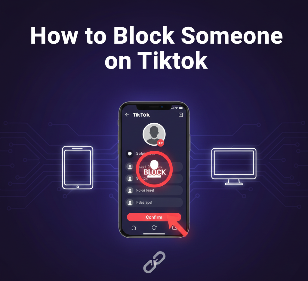 TikTok blocking guide showing six-step process: open app, find user, visit profile, tap three-dot menu, select Block, confirm decision, alternative method press-and-hold comments to block, no notification sent to blocked user, blocks profile viewing, messaging, commenting, unblock via Settings > Privacy > Safety > Blocked accounts, blocking automatically removes follower, no limit on blocks, works on iPhone, Android, desktop.