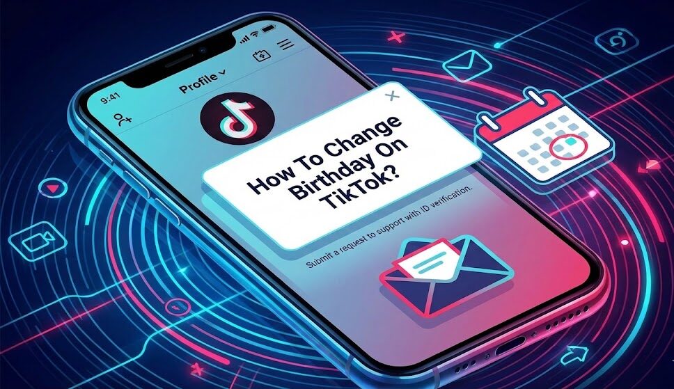 Steps showing how to change your birthday on TikTok by contacting support and submitting ID verification.