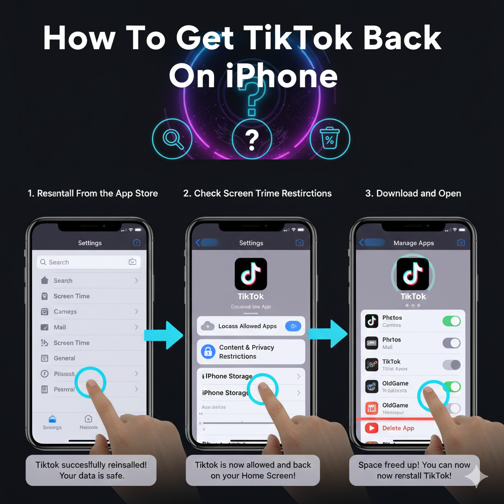 How to get TikTok back on iPhone through reinstalling from App Store using cloud icon for previous downloads, checking Screen Time restrictions under Content & Privacy settings, freeing up 200MB minimum storage space, updating iOS software, searching App Library, restarting device, and recovering deleted accounts within 30-day window by logging in with original credentials, requires iOS 11 or later.