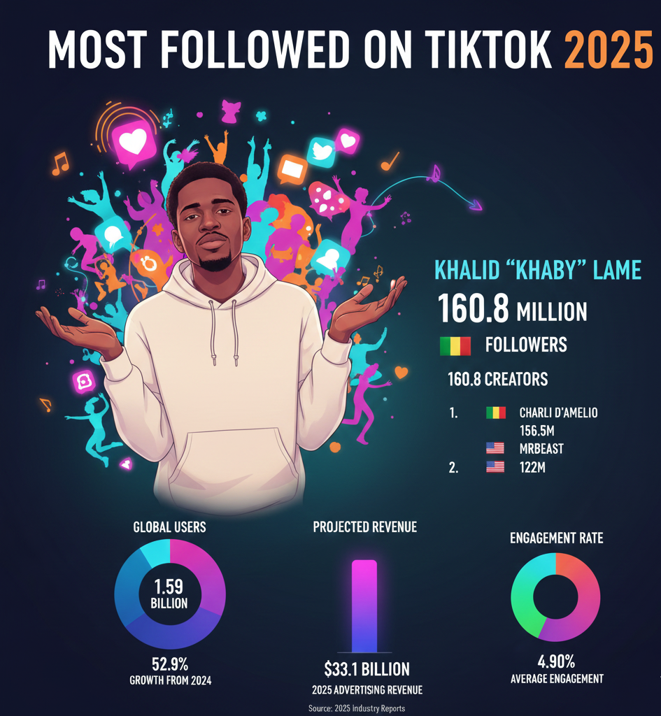Most followed on TikTok 2025 showing Khaby Lame leads with 160.8 million followers, Charli D'Amelio 156.5 million, MrBeast 122 million, Bella Poarch 93 million, TikTok Official 89 million, 1.59 billion global monthly active users (52.9% increase from 2024), United States largest market 135.79 million users, Indonesia 107.7 million, Brazil 91.75 million, $33.1 billion projected advertising revenue 2025, 95 minutes average daily usage, 4.90% engagement rate, ages 25-34 largest demographic 30%, 18-24 age group 30.7%, 55+ fastest growing 14%, 55.7% male 44.3% female globally, 34 million daily video uploads, 83% users posted at least one video.