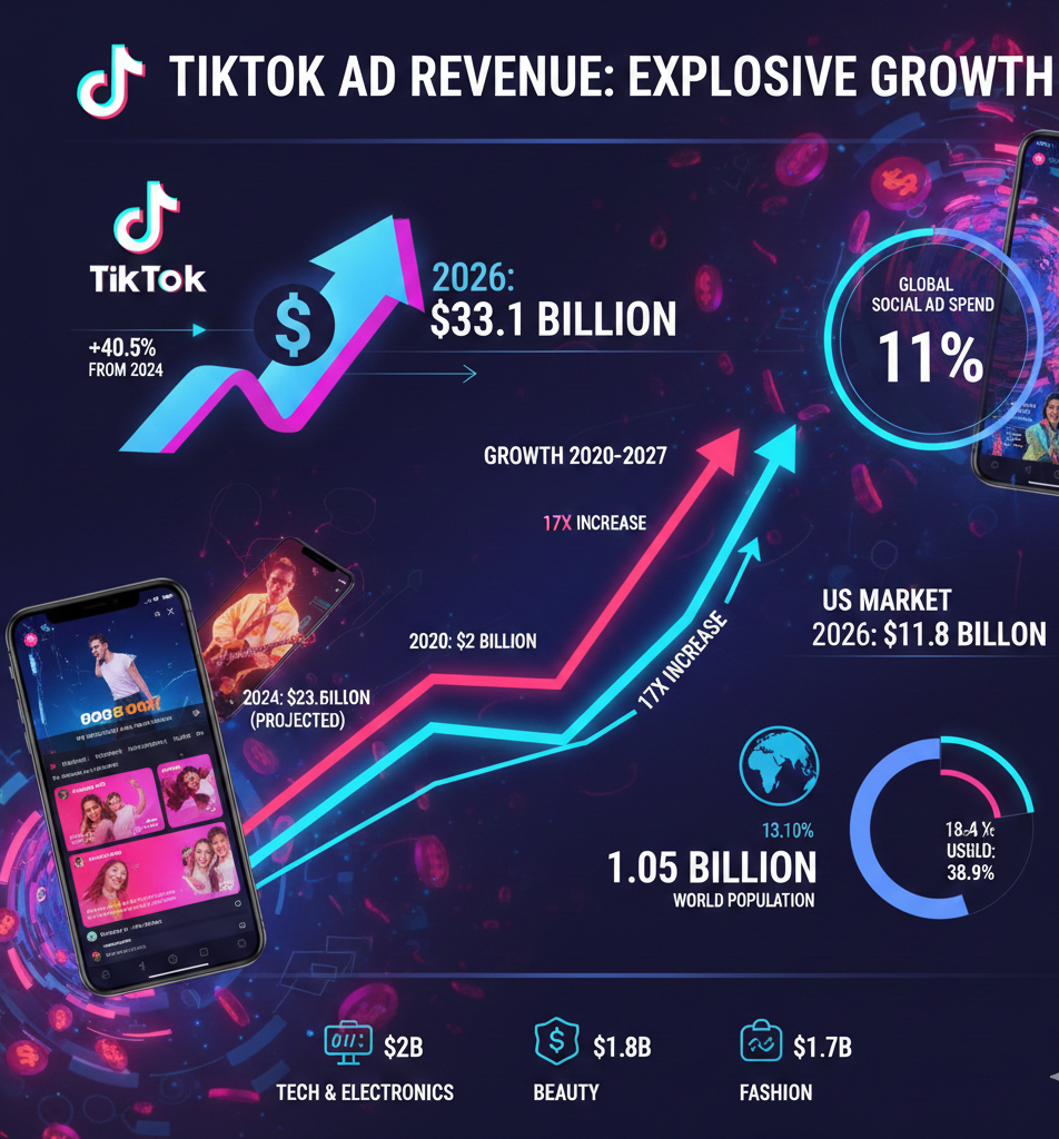TikTok ad revenue statistics 2026 showing projected $33.1 billion globally (40.5% increase from 2024), $11.8 billion US market revenue representing 13.9% of US social advertising, advertising accounts for 77% of total revenue, 1.05 billion global advertising audience with 38.9% aged 18-24, revenue growth from $2 billion in 2020 to projected $54 billion by 2027, TikTok Shop generated $33.2 billion GMV in 2024, technology and electronics leading industry spending at $2 billion followed by beauty at $1.8 billion and clothing at $1.7 billion, 58% of 1.6 billion monthly users purchasing through TikTok Shop, average 58 minutes daily usage with 15+ daily app opens.