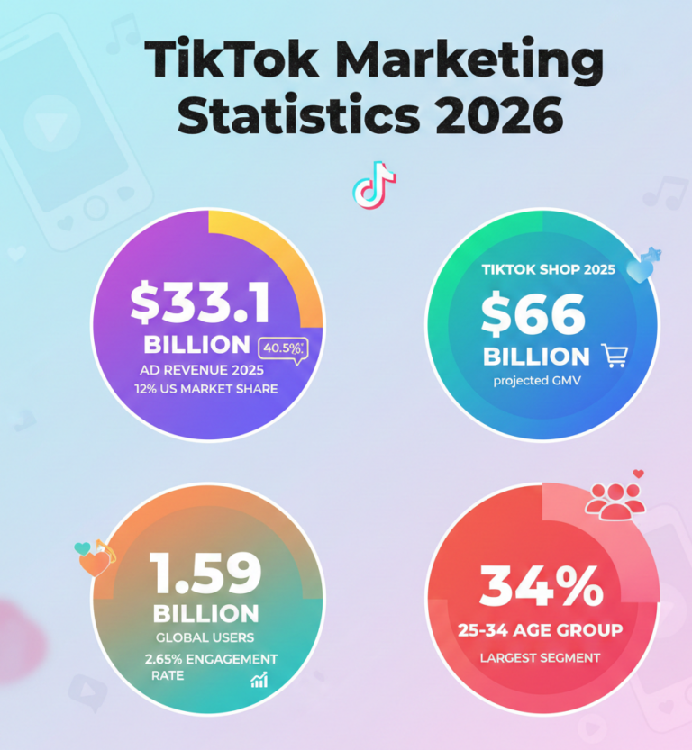 TikTok marketing statistics showing $33.1 billion ad revenue, 1.59 billion users, and 2.65% engagement rate in 2025.