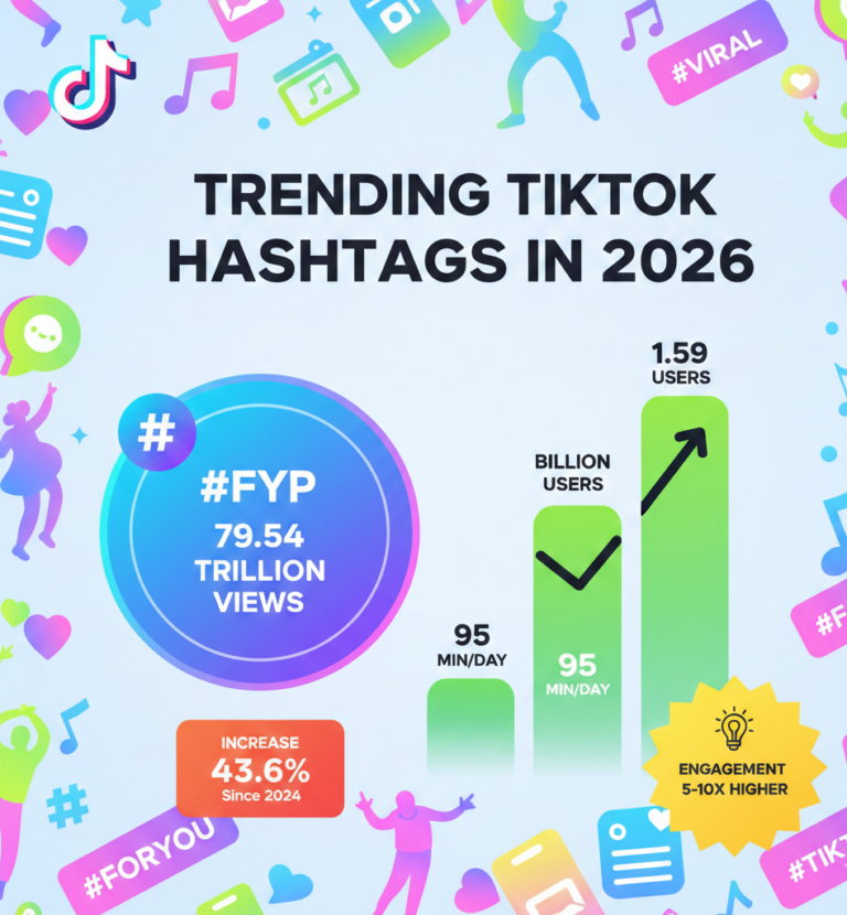 TikTok trending hashtags 2026 showing #fyp with 79.54 trillion views (43.6% increase from 2024), #foryou 31.7 trillion views, #viral 25 trillion views, platform reaching 1.59 billion monthly active users spending average 95 minutes daily, engagement rates ranging nano-influencers 7.5-11.97%, micro-influencers 5.0-10.21%, mid-tier 4.0-6.0%, macro-influencers 3.5-5.0%, mega-influencers 2.88-4.0%, user demographics ages 25-34 representing 35.3%, ages 18-24 at 30.7%, 55.7% male versus 44.3% female, advertising revenue projected $24.2-$33.1 billion (40.5% increase), TikTok Shop GMV $18.6 billion, regional distribution Asia-Pacific 457.6 million users (28.6%), Middle East & Africa 360.9 million (22.6%), Europe 299.8 million (18.8%), Latin America 292.6 million (18.3%), North America 189.0 million (11.8%), 60 million active creators earning $2.4 billion total compensation, top 1% creators averaging $47,000 monthly