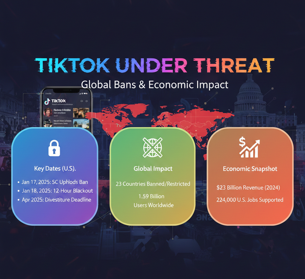 TikTok banned US operations January 18, 2025 for 12 hours affecting 135.79 million users before Trump granted 75-day extension, ByteDance must divest by April 2025 following Supreme Court decision, 23 countries banned or restricted platform including India (200 million users removed June 2020), Albania (January 2025), Afghanistan, Somalia, 1.59 billion monthly active users globally, $23 billion revenue 2024 with 42.8% YoY growth, economic impact $24.2 billion GDP contribution supporting 224,000 jobs, 34 US states implemented device bans, average usage 95 minutes daily globally, Douyin China 766 million daily users.