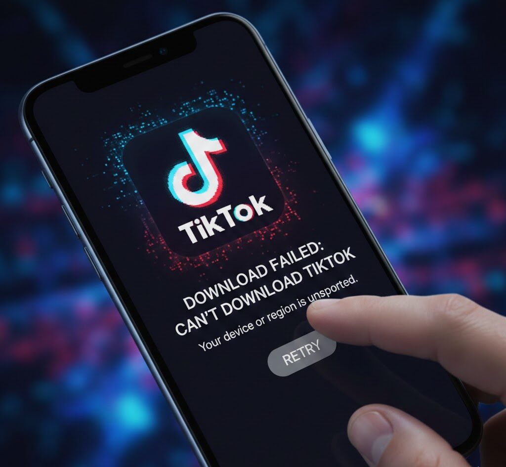 Smartphone showing TikTok missing from app store with download error message.