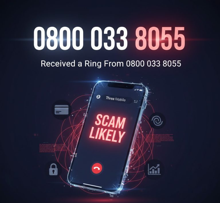Report on 0800 033 8055 showing call types, user responses, and scam warnings in the UK