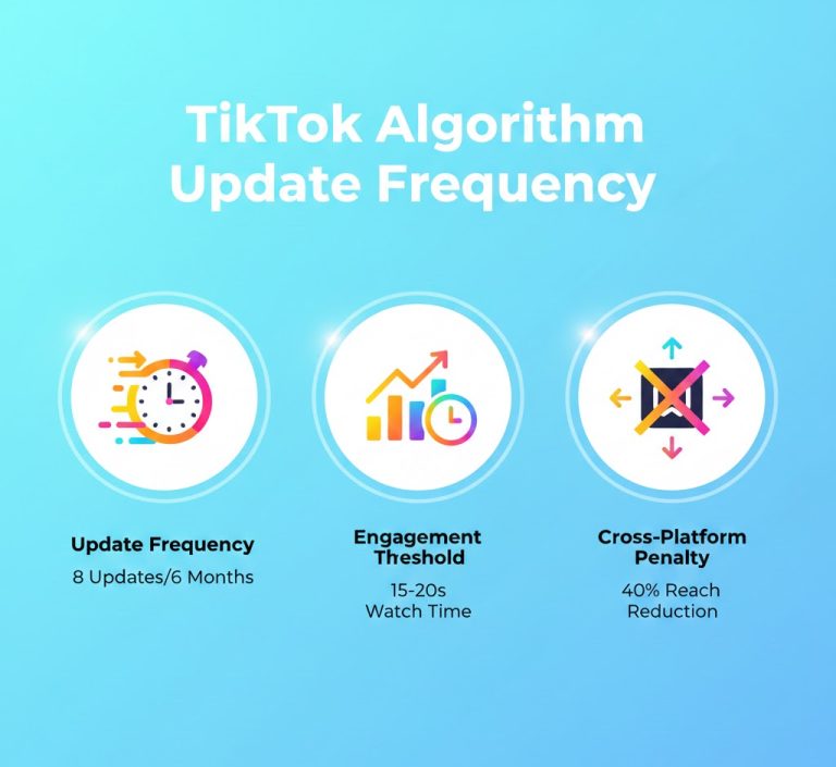 TikTok algorithm update frequency overview showing major changes, engagement thresholds, and ranking factors from 2024 to 2026.