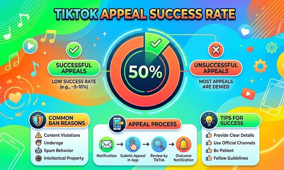“Charts showing TikTok appeal success rates by violation type, region, and key success factors (2025–2026).”