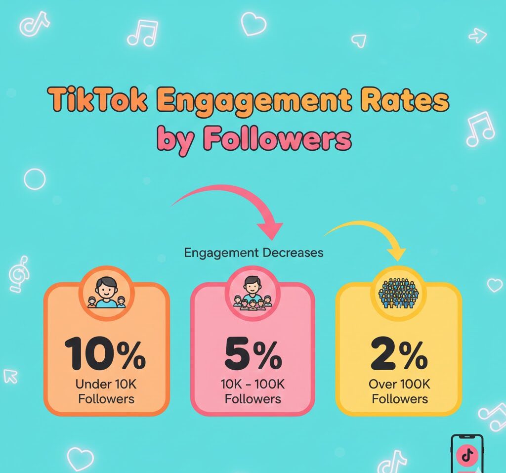 Bar chart showing TikTok engagement rates by follower count, highest for accounts under 100K and lowest for accounts over 10M.