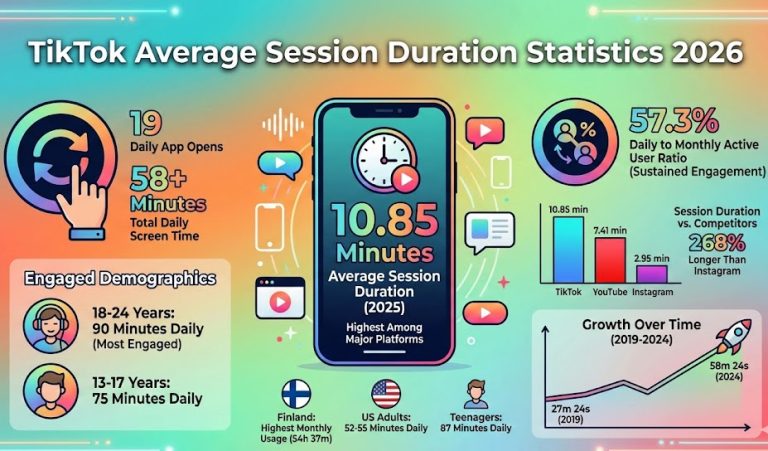 TikTok 2026 session duration infographic showing average time spent, age demographics, growth trends, and country comparisons