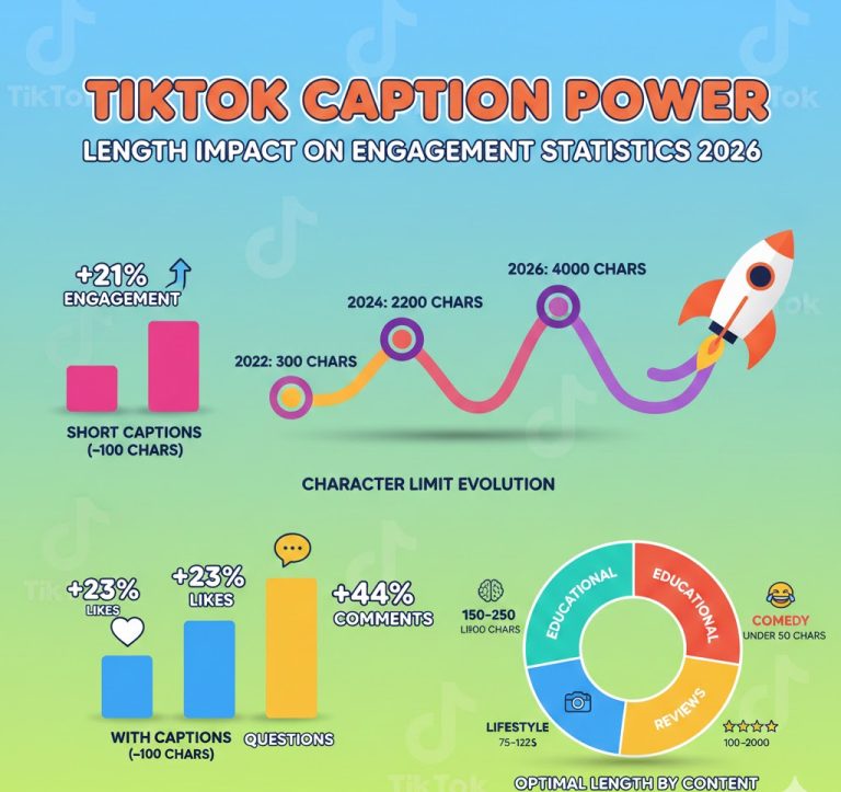 Bar and line charts showing TikTok caption length, engagement impact, and demographic preferences in 2026.