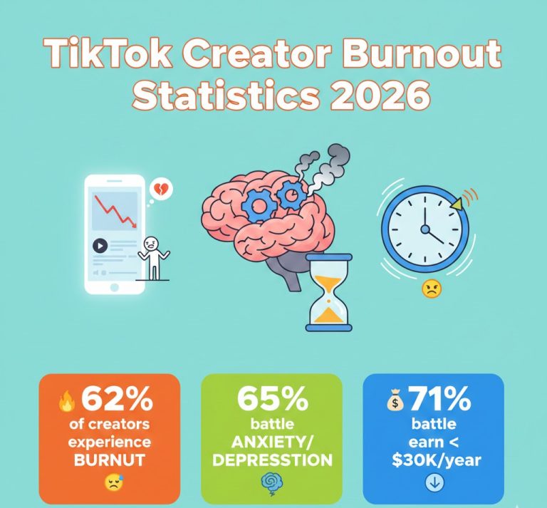Comprehensive 2026 analysis of TikTok creator burnout, featuring statistics on mental health, income instability, algorithm pressure, unpaid labor, and support gaps, with charts showing burnout by experience level, trend lifespan decline, earnings distribution, and creator economy growth versus wellbeing.
