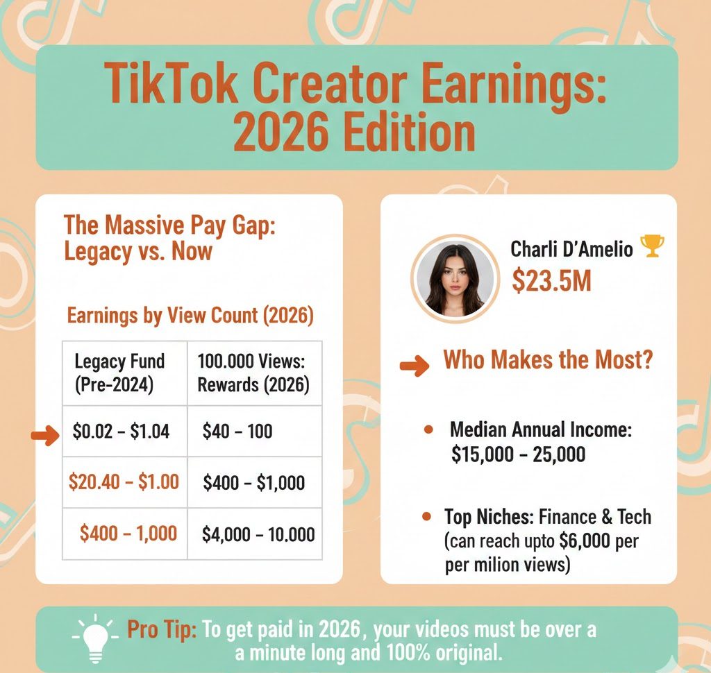 “Chart and tables showing TikTok Creator Fund vs Creator Rewards earnings by view count, follower tiers, regions, and top creator income statistics for 2026.”