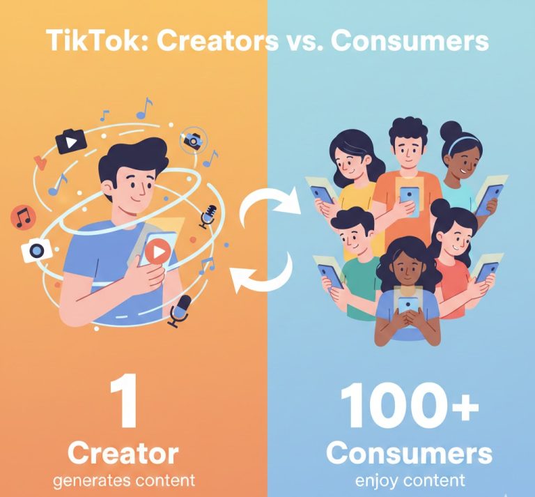 Comprehensive TikTok creator vs consumer ratio statistics for 2026, showing that only 0.1% of 1.99 billion users are dedicated creators. Visuals include charts of creator-to-consumer distribution, US posting behavior, follower-tier distribution, engagement rates by creator size, creator economy revenue growth, platform engagement comparisons, and age demographics. Data highlights heavy content consumption, higher engagement among nano and micro creators, concentrated creator earnings, and stronger engagement on TikTok compared to Instagram and Facebook.