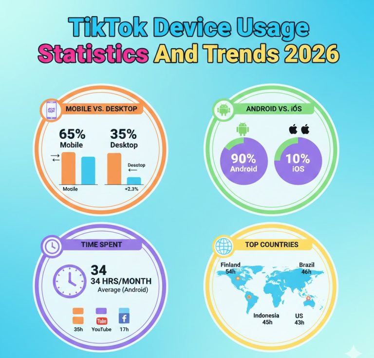 TikTok device usage statistics and trends in 2026 showing mobile vs desktop traffic, Android vs iOS dominance, time spent, country engagement, and age demographics