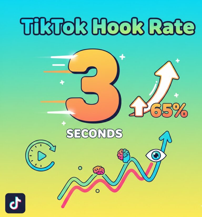 Charts showing TikTok 3-second retention rates, view multipliers, retention targets, hook types, and video length performance.