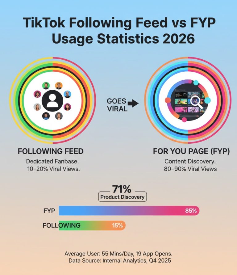 TikTok Following Feed vs For You Page usage statistics for 2026 comparing view distribution, engagement rates, and content discovery trends.