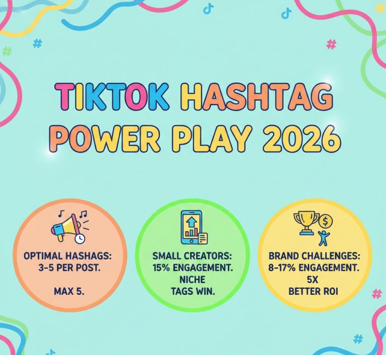 2026 TikTok hashtag analysis guide, including optimal hashtag quantity (3-5 per post), engagement impact by account size, top-performing hashtags (#FYP, #ForYou, #Viral), branded challenge performance, niche vs broad strategy comparison, platform-wide engagement trends (2023–2025), industry-specific engagement rates, and interactive charts visualizing performance metrics and recommendations