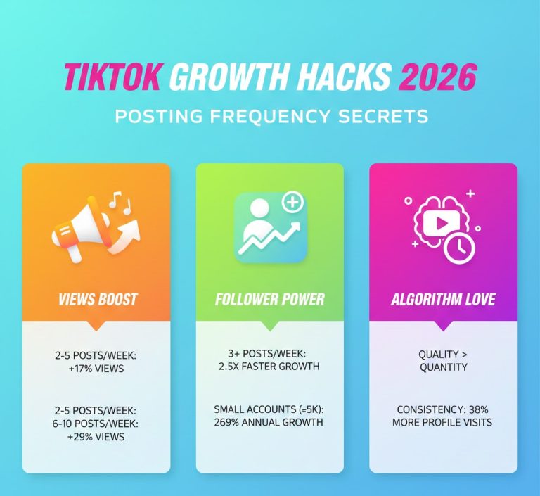 Bar and line charts showing TikTok posting frequency, engagement, and follower growth statistics for 2026.