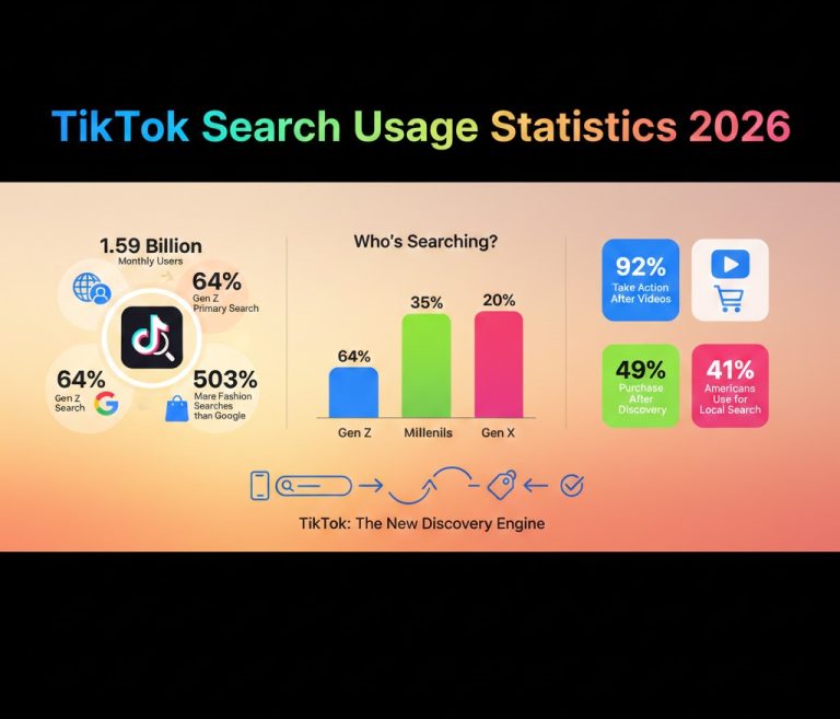 TikTok search usage and engagement statistics 2026 with charts showing Gen Z adoption, search volume vs Google, user actions, product discovery, and TikTok Shop growth