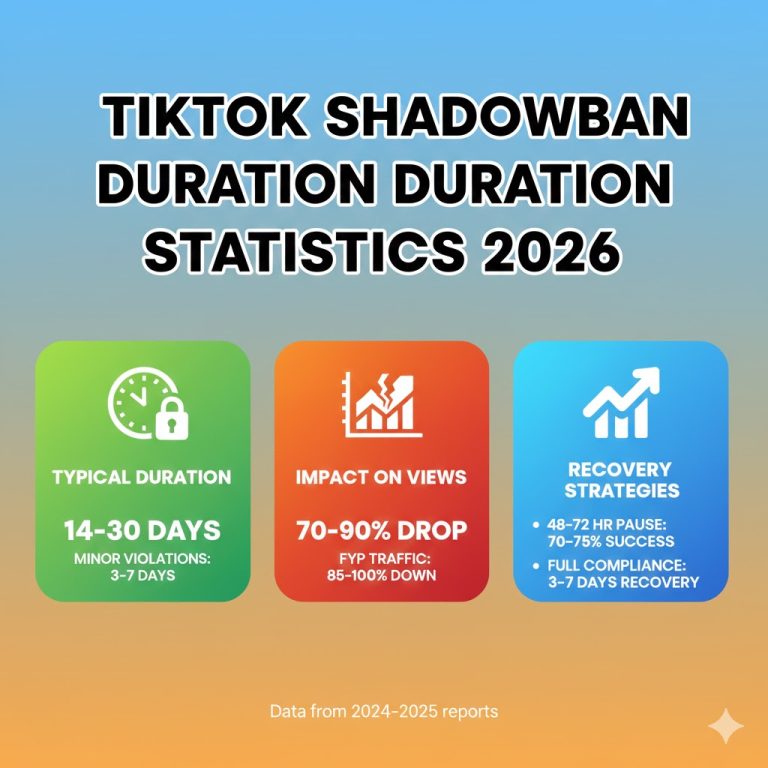 Charts and tables showing TikTok shadowban durations, severity levels, engagement drops, recovery timelines, and moderation trends in 2026.