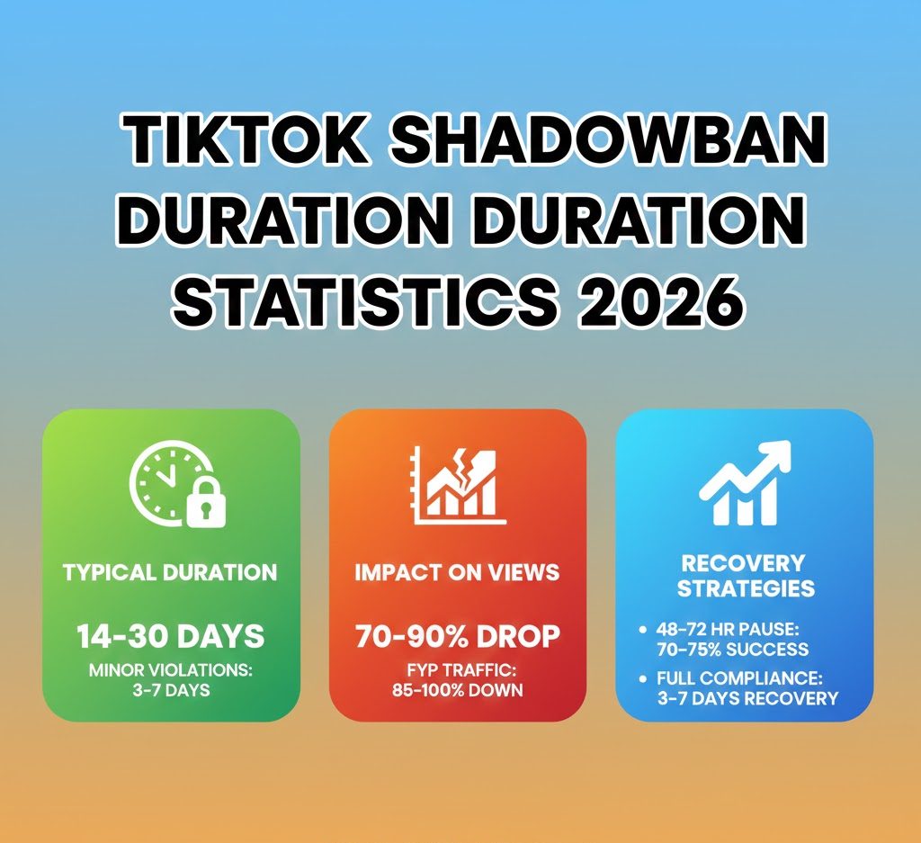 Charts and tables showing TikTok shadowban durations, severity levels, engagement drops, recovery timelines, and moderation trends in 2026.
