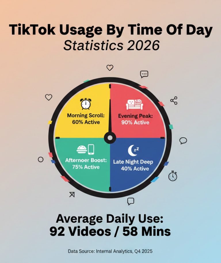 TikTok usage by time of day statistics for 2026 showing peak engagement hours, user activity patterns, and viewing trends.