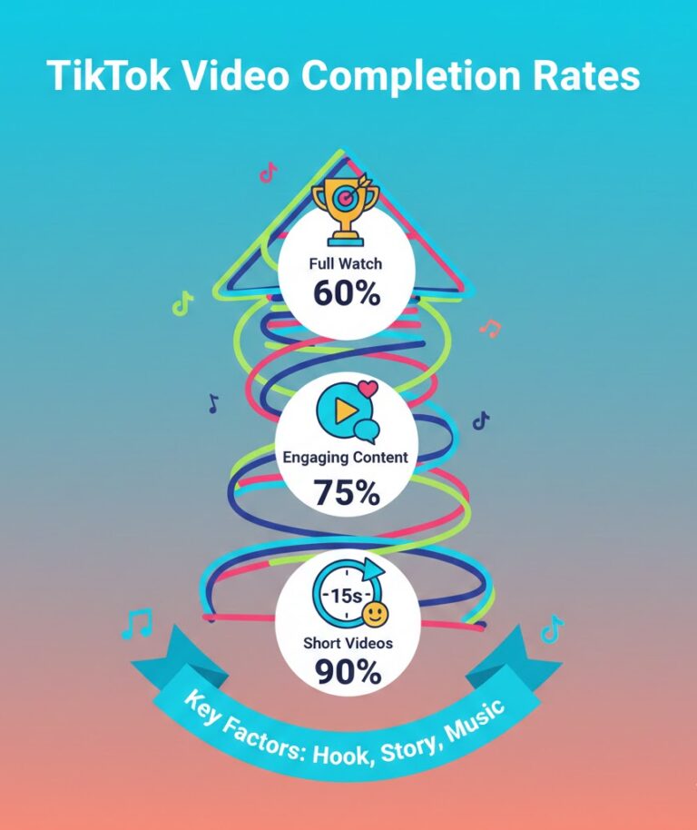 “TikTok video completion rate statistics for 2026 showing performance by video length, content type, posting time, account size, voice overs, and regions.”