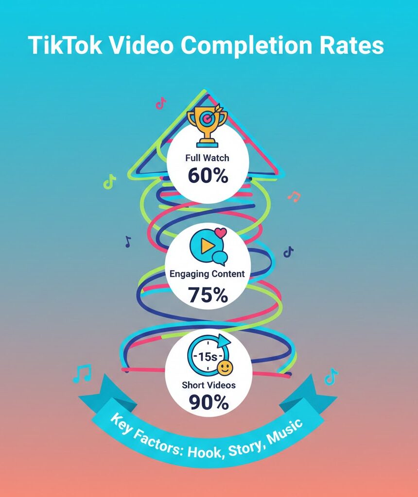 “TikTok video completion rate statistics for 2026 showing performance by video length, content type, posting time, account size, voice overs, and regions.”