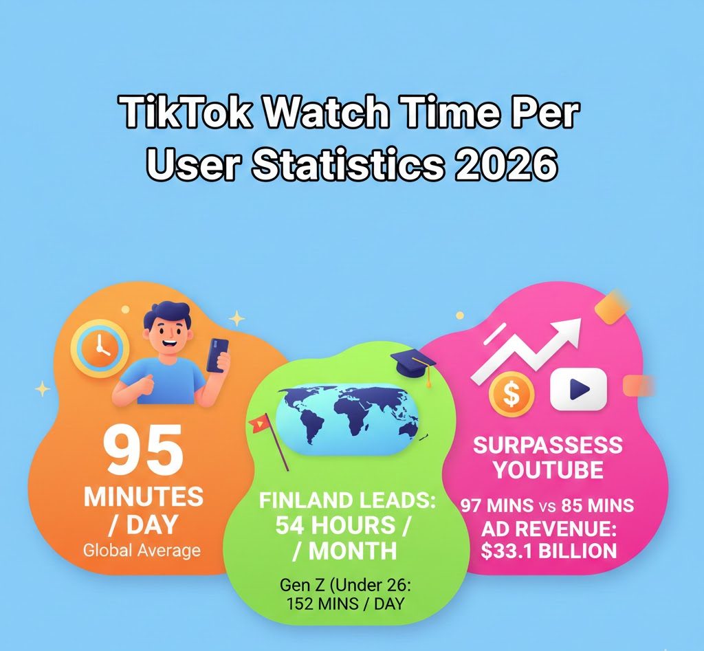 TikTok watch time per user statistics showing daily, monthly, and demographic engagement trends in 2026
