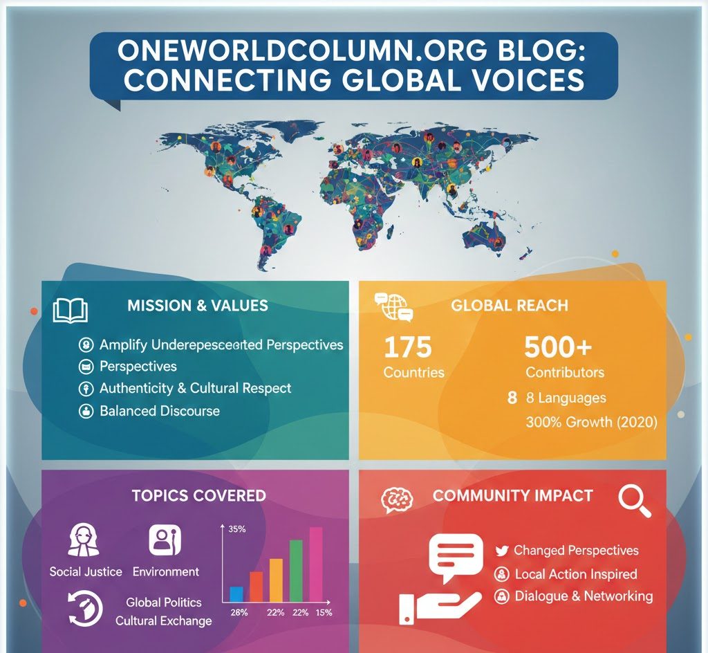 Oneworldcolumn.org global blog overview graphic showing diverse contributors, content categories, and worldwide reach statistics