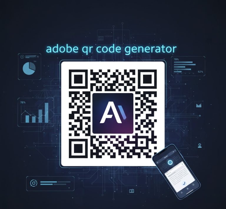 Adobe QR Code Generator overview graphic showing static QR features, customization options, pricing plans, and common business use cases