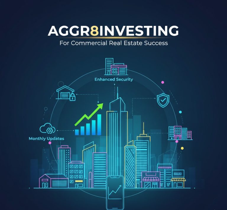 Bar charts and tables illustrating Aggr8investing commercial property returns, portfolio allocation, and investment comparisons.