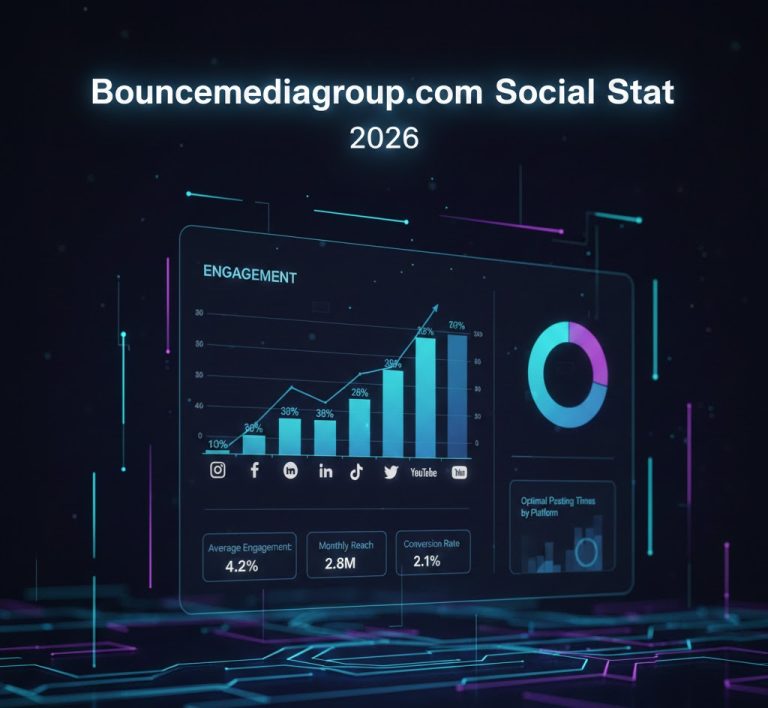 Charts, tables, and stats showing Bouncemediagroupcom Social Stat 2026 performance, including platform engagement distribution, content performance by type, optimal posting times, and social media conversion funnel.
