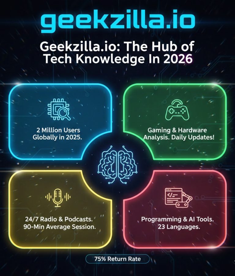 Charts showing Geekzilla.io weekly content output, user growth, and engagement by category.