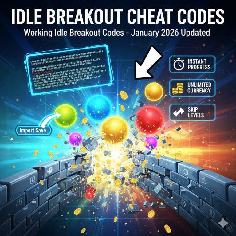 Table of working Idle Breakout save codes with rewards, usage steps, and code popularity charts for January 2026.