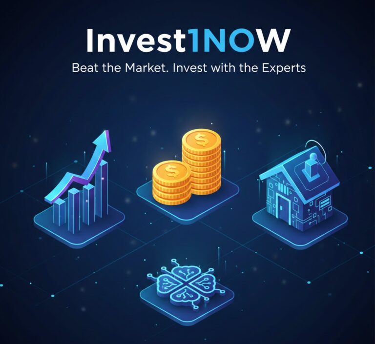 Bar and pie charts showing Invest1Now.com trading fees, daily volume, cold storage, staking APY, and portfolio allocation.