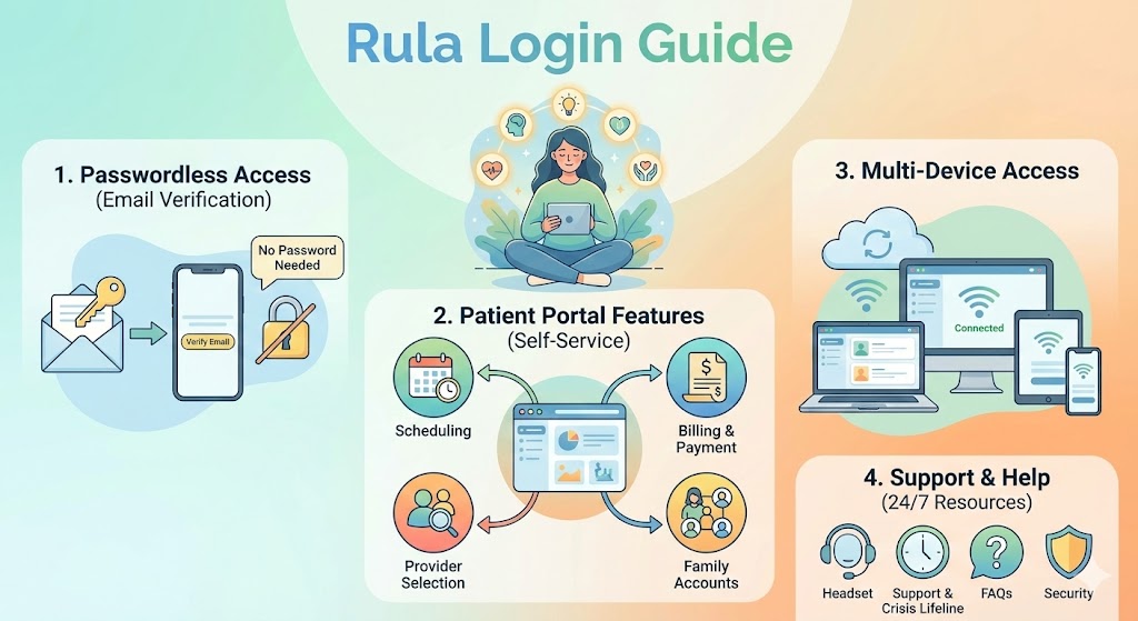 Rula patient portal login guide illustrating email-based access steps, features, and device usage overview